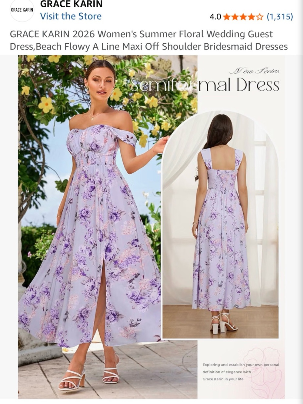 Grace Karin Lavender Floral Off-Shoulder A-Line Maxi Dress